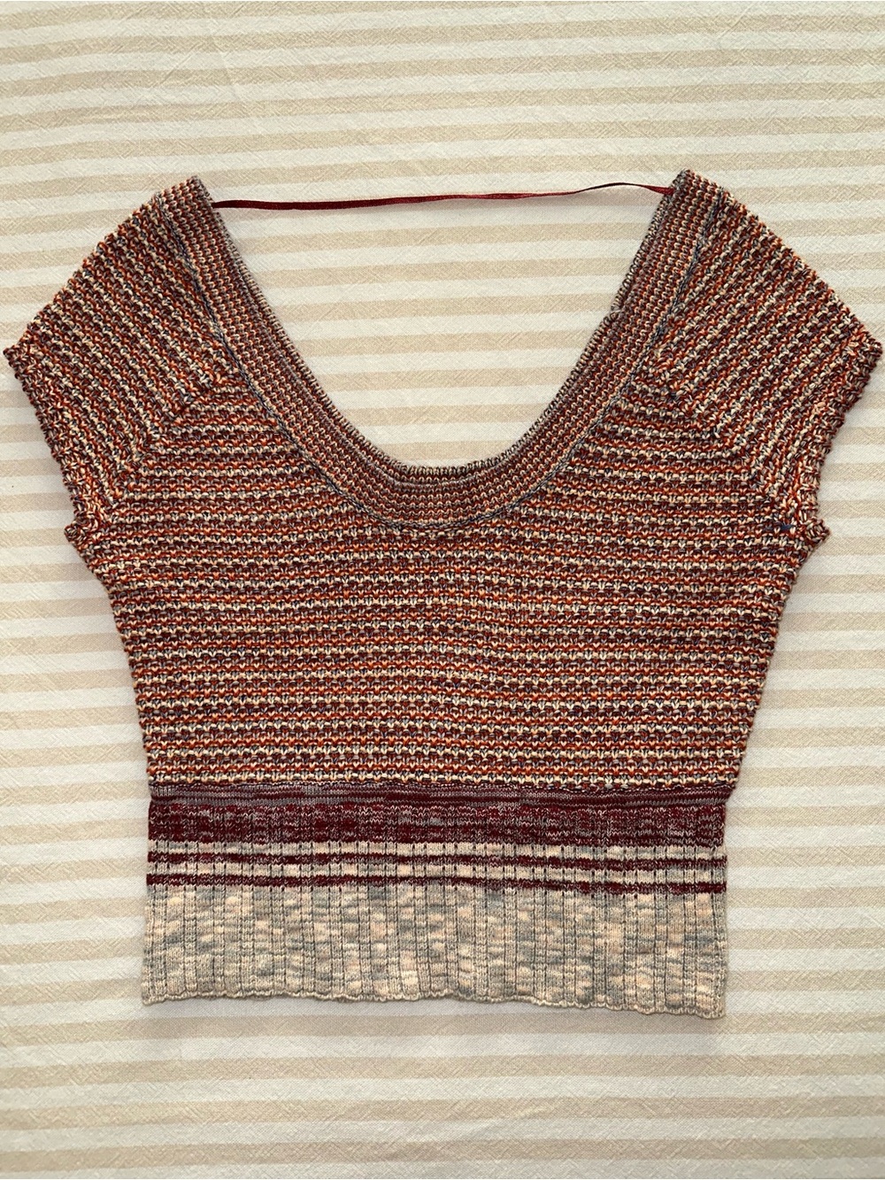 Free People Annie Hall Crochet Sweater Crop Top in Rust, Blue & Cream